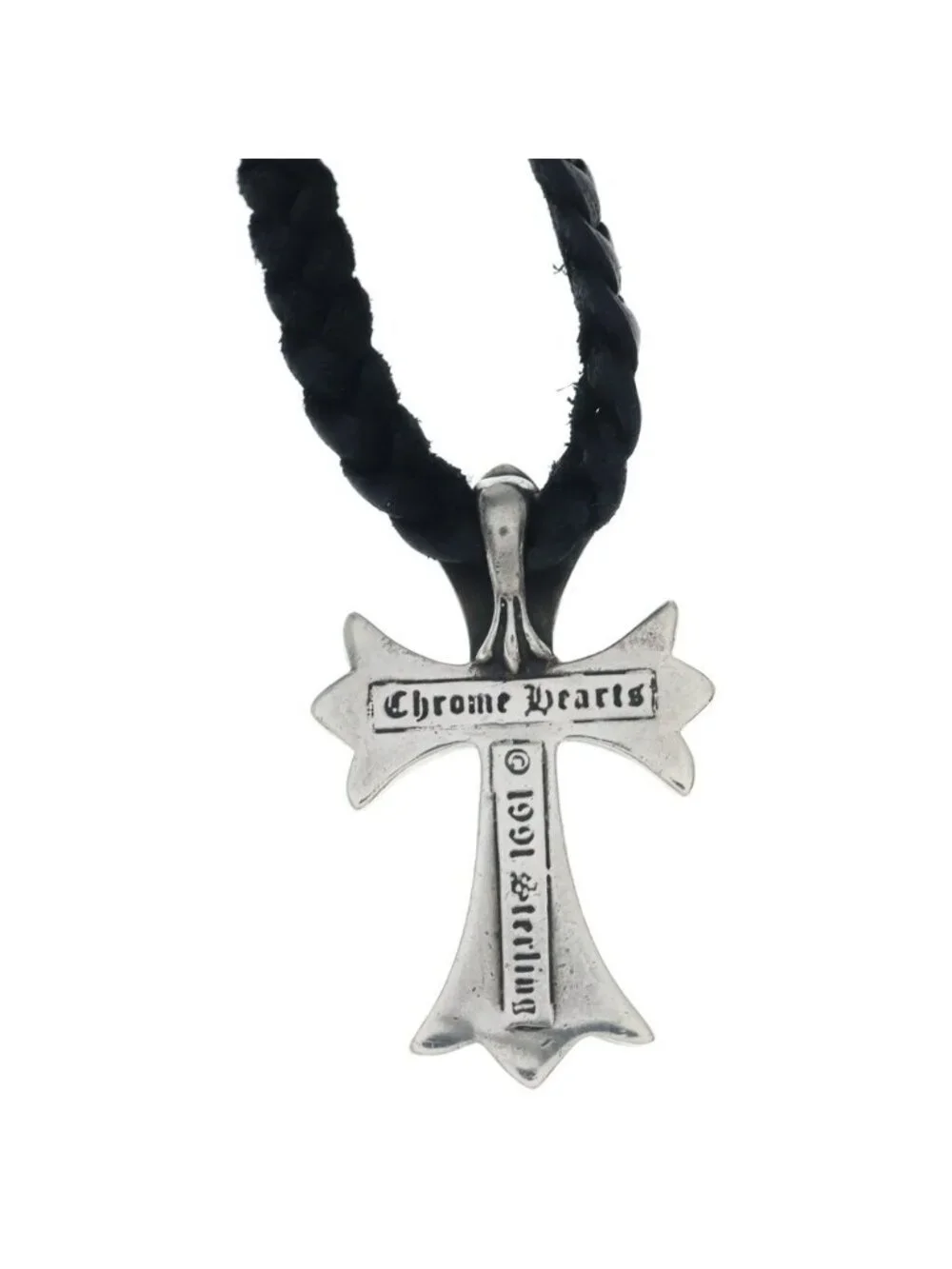 Chrome Hearts CH Crs Sml CL Small CH Cross Leather Blade Necklace Silver Black